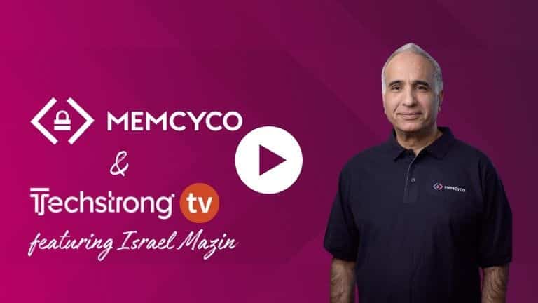 A man in a MEMCYCO shirt stands next to MEMCYCO and Techstrong TV logos on a purple background, with text: “featuring Israel Mazin.” The scene highlights Techstrong TV: Fighting AI Scams and Agent Impersonation.